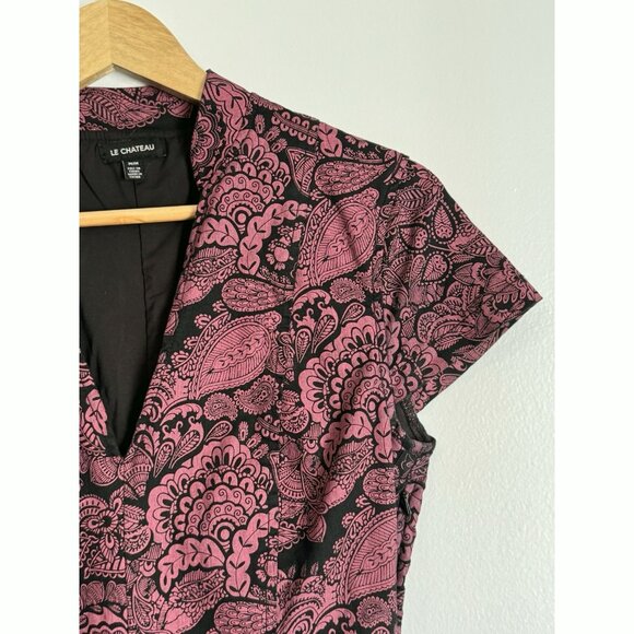 Le Château Pink Black Floral Jacquard Fit & Flare Dress M Baroque Parisian Chic - Picture 4 of 12